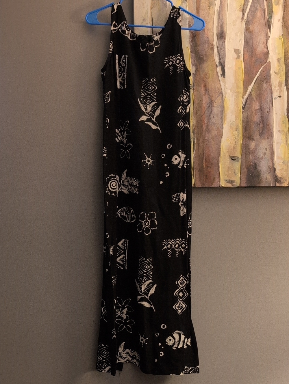Size 8 dressbarn Black Maxi Dress with White Tropical Print